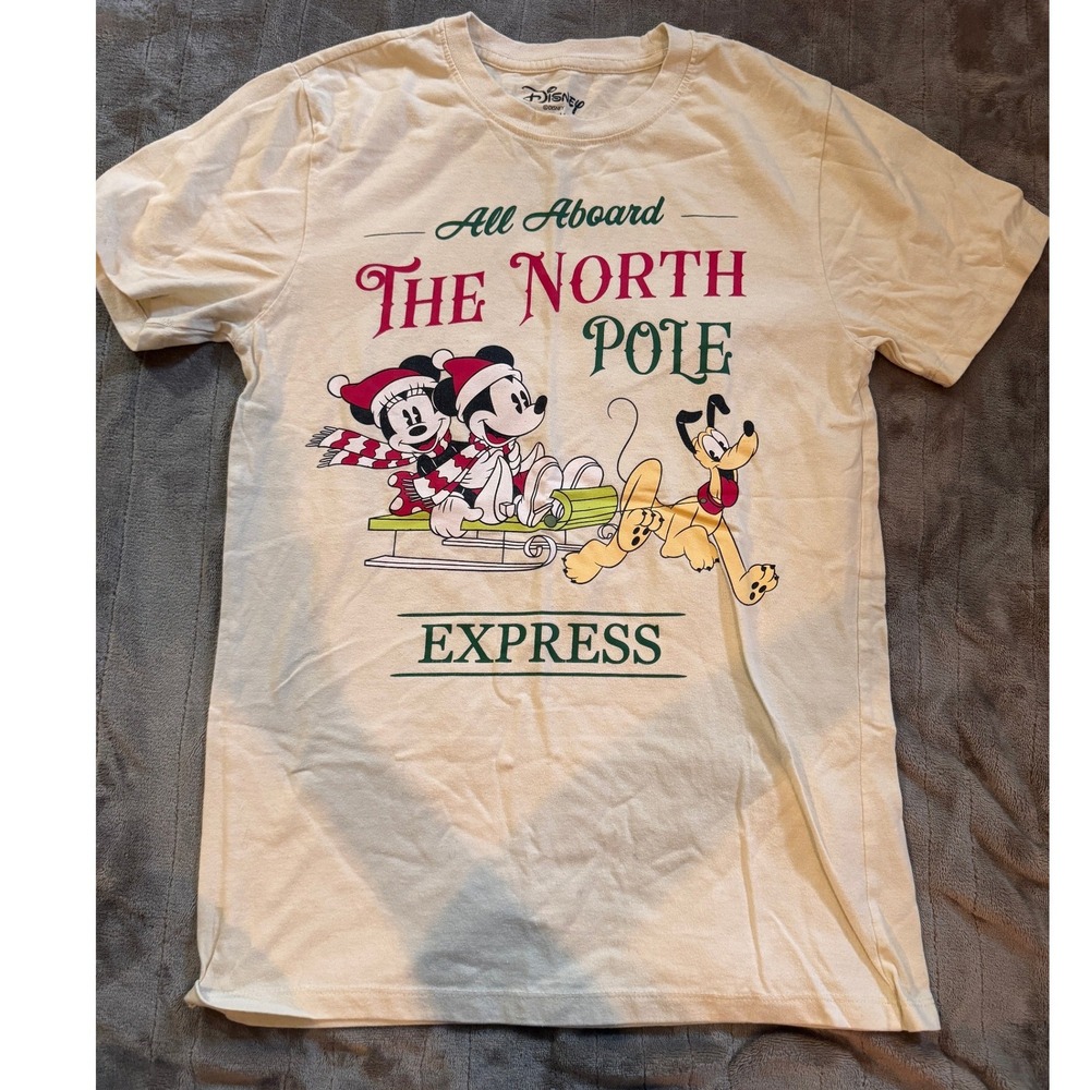 Disney Mickey Minnie Pluto North Pole Express Christmas Graphic Tee Cream Small